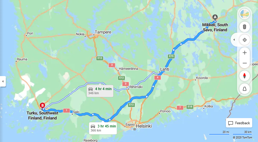 Mikkelista Turkuun - Etaisyys, Ajomatka, Liikkumismahdollisuudet ja Matkustaminen