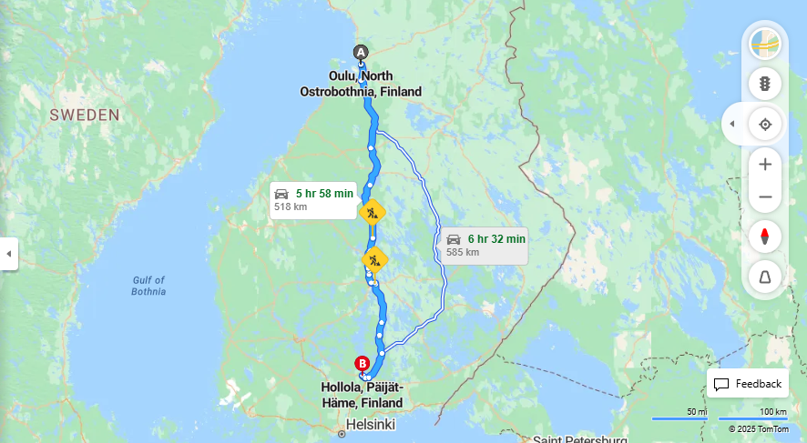 Oulusta Hollolaan - Etaisyys, Ajo, Kuljetus ja Matkustusvaihtoehdot