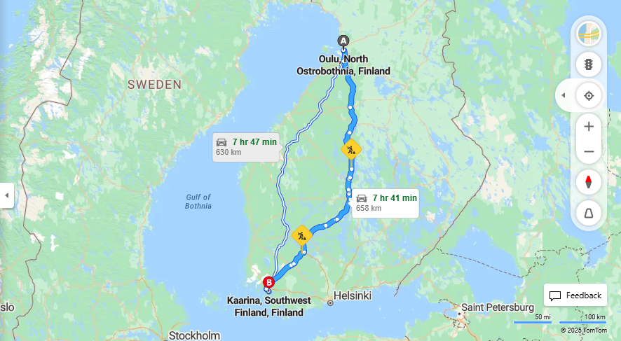 Oulusta Kaarinaan - Etaisyys, Ajaminen, Liikkuminen ja Matkustusvaihtoehdot