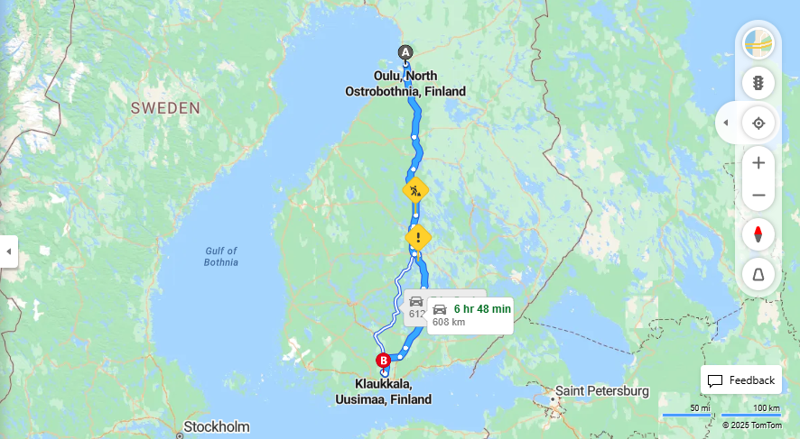 Oulusta Klaukkalaan - Etaisyys, Ajo, Liikkuminen ja Matkavaihtoehdot