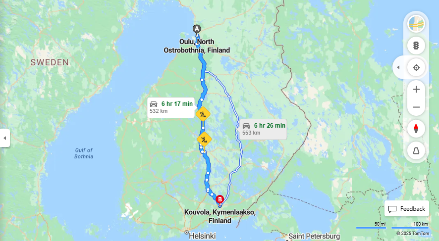 Oulusta Kouvolaan - Etaisyydet, Ajomatkat, Liikenne ja Matkustusvaihtoehdot