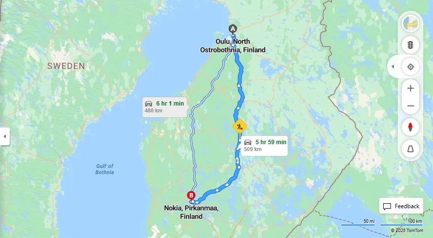 Oulusta Nokian matkustaminen: Etaisyys, ajo, kuljetus ja matkustusvaihtoehdot