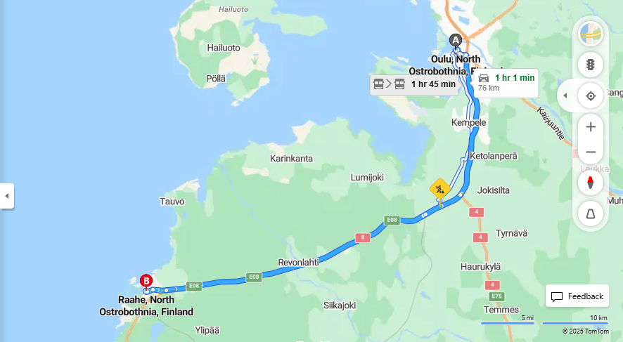 Oulusta Raaheen - Etaisyys, Ajo, Liikenne ja matkustusmahdollisuudet
