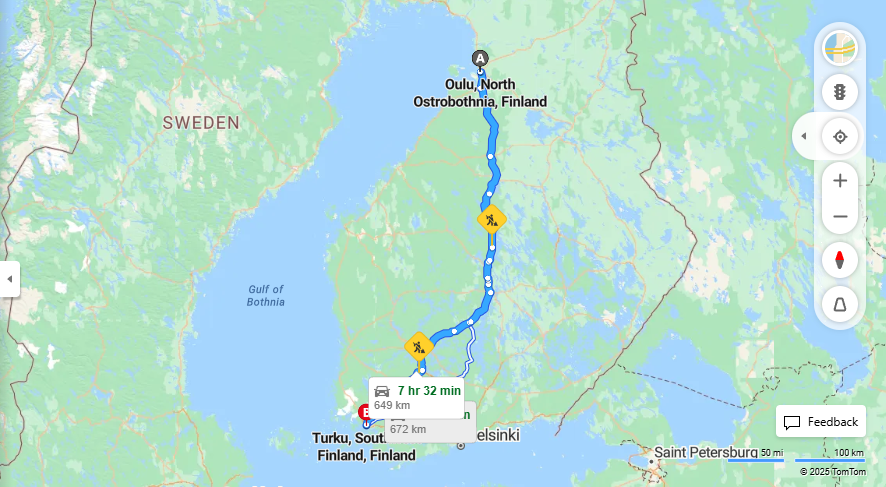 Oulusta Turkuun - Etaisyys, Ajo, Liikenne ja Matkustusvaihtoehdot