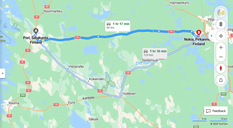Pori: Matka Nokialle - Etaisyys, Kulkeminen ja Matkavaihtoehdot