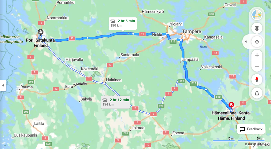 Porista Hameenlinnaan - Etaisyydet, Ajaminen, Kuljetus ja Matkustusvaihtoehdot