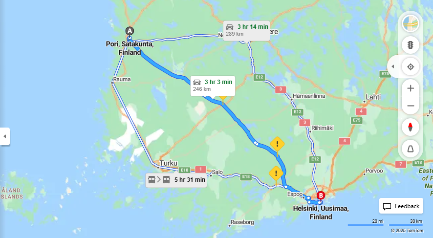Porista Helsinkiin - Etaisyys, Ajo, Liikenne ja Matkustusmahdollisuudet