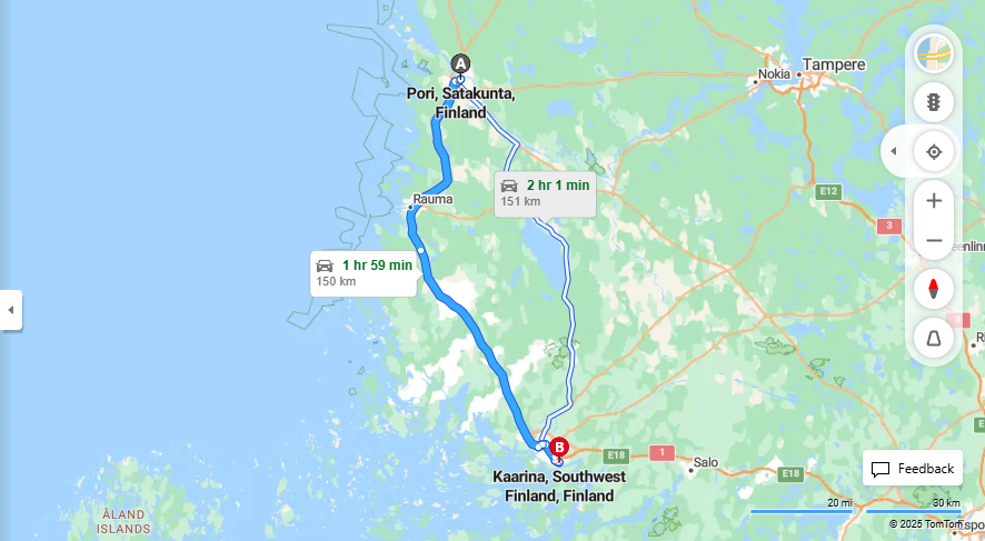 Porista Kaarinaan - Etaisyys, Ajo, Kuljetus ja Matkavaihtoehdot