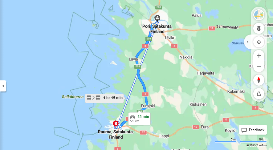 Porista Raumalle - Etaisyys, Ajo, Kuljetus ja Matkustusvaihtoehdot