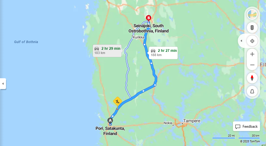 Porista Seinajoelle - Etaisyys, ajo, liikenne ja matkustamisvaihtoehdot