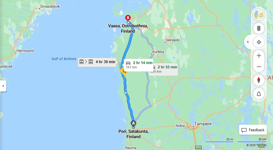 Porista Vaasaan - Etaisyys, Ajaminen, Kuljetus ja Matkustusvaihtoehdot