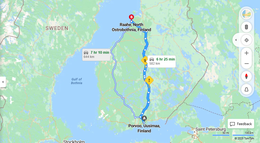 Porvoosta Raaheen - Etaisyydet, Ajomatkat, Kuljetus- ja Matkavaihtoehdot