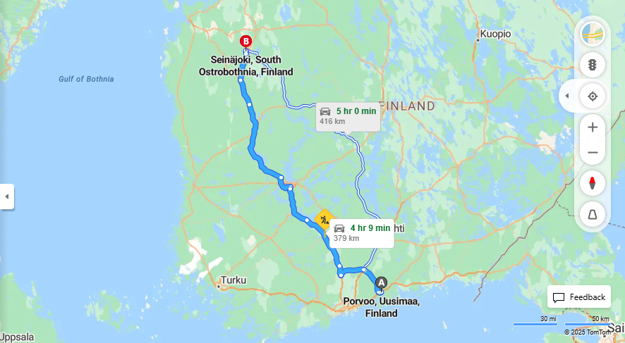 Porvoosta Seinajoelle - Etaisyys, Ajaminen, Kuljetus ja Matkustusmahdollisuudet