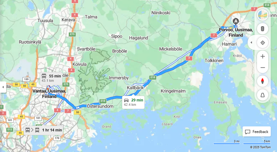 Porvoosta Vantaalle - Etaisyys, Ajo, Kuljetus ja matkustusvaihtoehdot