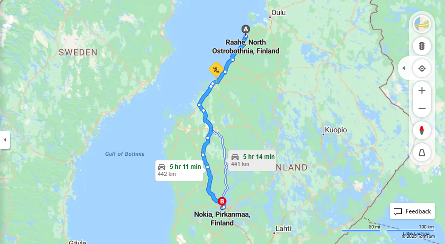 Raahesta Nokialle - Matkaetaisyydet, Ajaminen, Kuljetus ja Matkustusvaihtoehdot