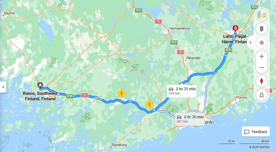 Raisio-Lahti: Etaisyys, Ajaminen, Kuljetus ja Matkustusmahdollisuudet