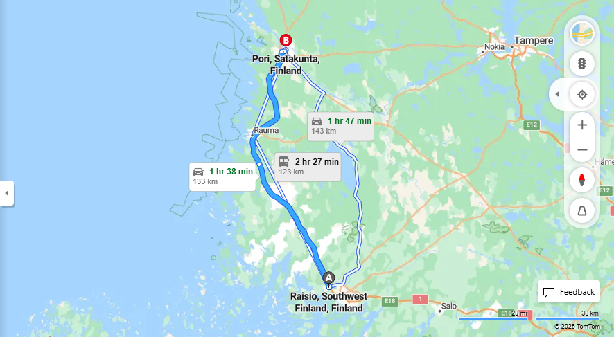 Raisio-Pori: Etaisyys, Ajomatka, Kuljetus ja Matkustusvaihtoehdot