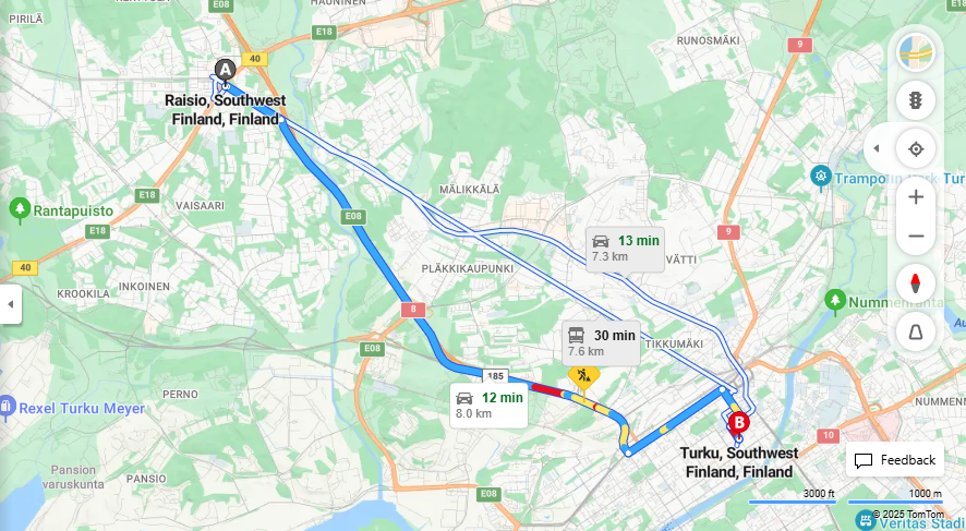 Raisio - Turku: Etaisyys, Ajoneuvot ja Matkustusvaihtoehdot
