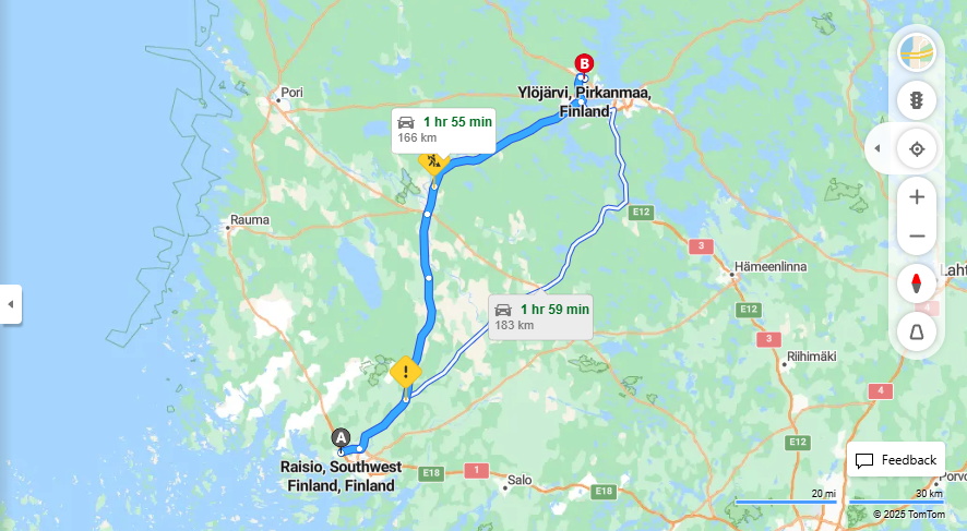 Raisio-Ylojarvi: Etaisyydet, Ajo, Kuljetus ja Matkustusmahdollisuudet