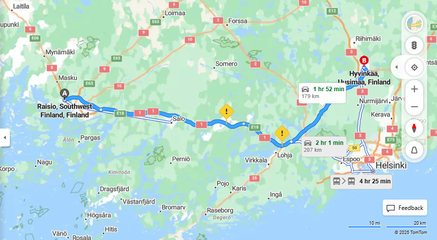 Raision ja Hyvinkaan valinen etaisyys, ajo, kuljetus ja matkustusmahdollisuudet