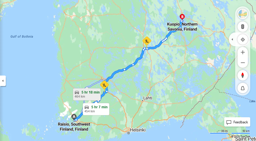 Raision ja Kuopion valinen etaisyys, ajaminen ja matkustusvaihtoehdot