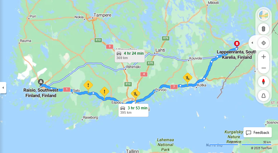 Raision ja Lappeenrannan valinen matka: Etaisyydet, ajo, kuljetus ja matkustusvaihtoehdot