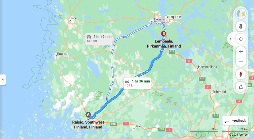Raision ja Lempaalan valinen etaisyys, ajo, liikenne ja matkustusmahdollisuudet