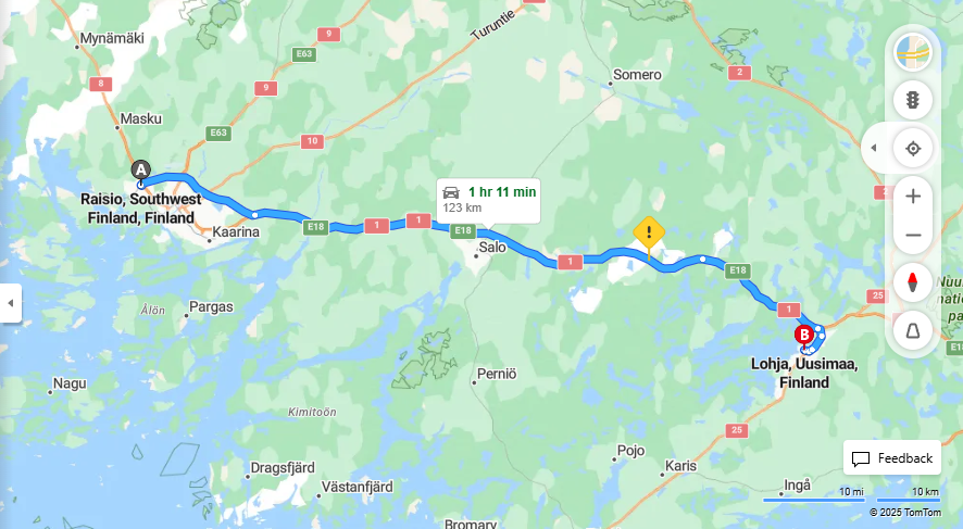 Raision ja Lohjan valinen etaisyys, ajo, kuljetus ja matkavaihtoehdot