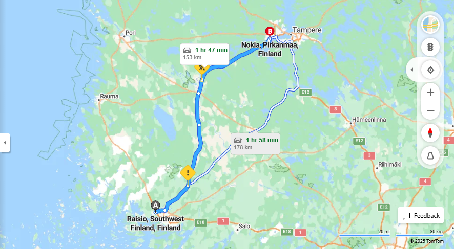 Raision ja Nokian valinen matka - Etaisyys, ajo, liikenne ja matkustusvaihtoehdot