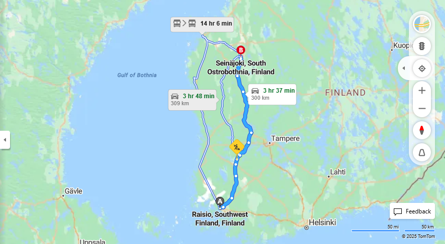 Raision ja Seinajoen valinen etaisyys, ajo, kuljetus ja matkustusmahdollisuudet