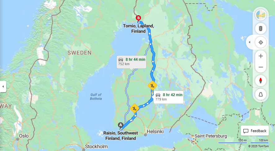 Raision ja Tornion valinen etaisyys, ajaminen, kuljetus ja matkustamisvaihtoehdot