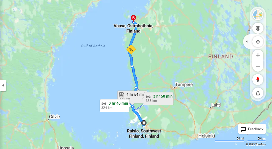 Raision ja Vaasan valinen etaisyys, ajo, kuljetus ja matkustusvaihtoehdot