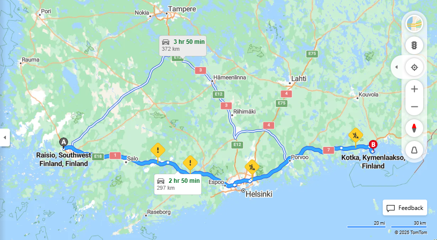 Raisiosta Kotkaan - Etaisyys, Ajomatka, Kuljetus ja Matkustusvaihtoehdot