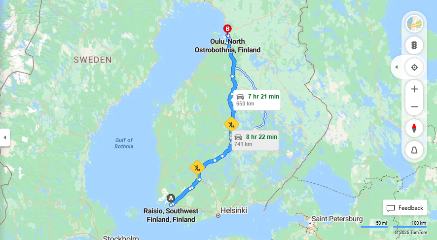 Raisiosta Ouluun - Etaisyys, Ajaminen, Kuljetus ja Matkustusvaihtoehdot