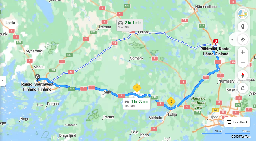 Raisiosta Riihimaelle - Etaisyys, Ajo, Kuljetus ja Matkustusvaihtoehdot