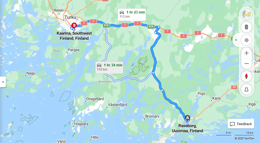 Raseborgista Kaarinaan - Etaisyys, Ajomatka, Kuljetus ja Matkustusvaihtoehdot