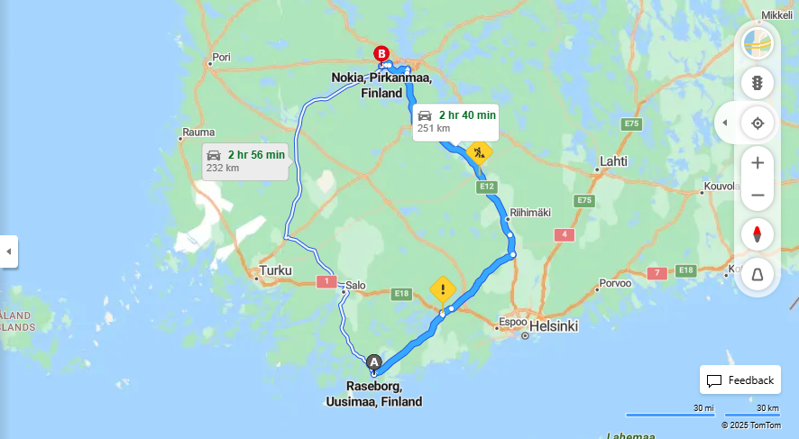 Raseborgista Nokiaan - Etaisyys, Ajomatka, Kuljetus ja Matkustusmahdollisuudet