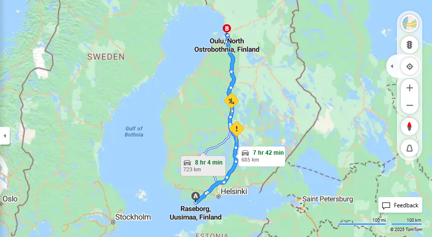 Raseborgista Ouluun - Etaisyys, Ajo, Kuljetus ja Matkustusvaihtoehdot