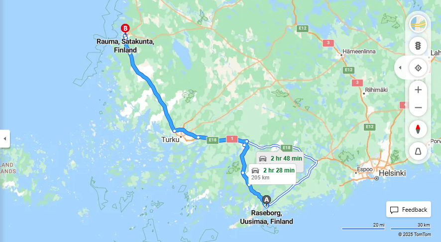Raseborgista Raumaan - Etaisyys, Ajomatka, Kuljetus ja Matkustamisvaihtoehdot