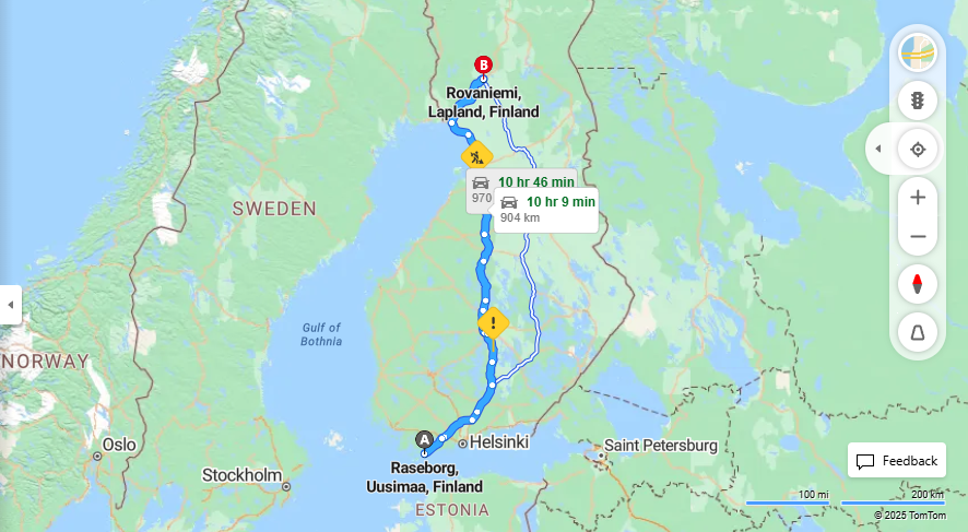 Raseborgista Rovaniemelle - Etaisyys, Kuormitus, Kuljetus ja Matkavaihtoehdot