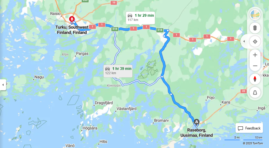 Raseborgista Turkuun - Etaisyys, Ajo, Liikkuminen ja Matkavaihtoehdot