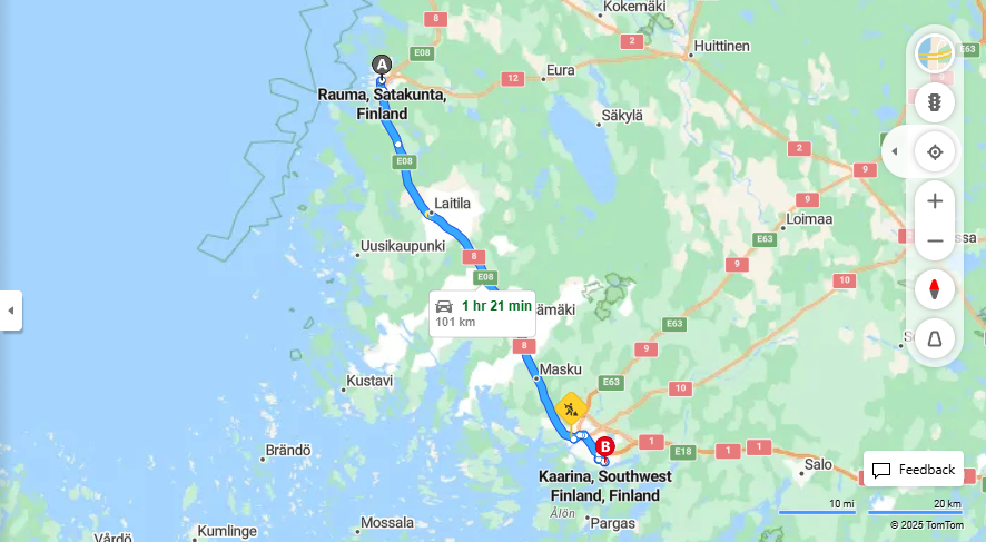 Rauma - Kaarina: Etaisyys, Ajo, Kuljetus ja Matkustusvaihtoehdot