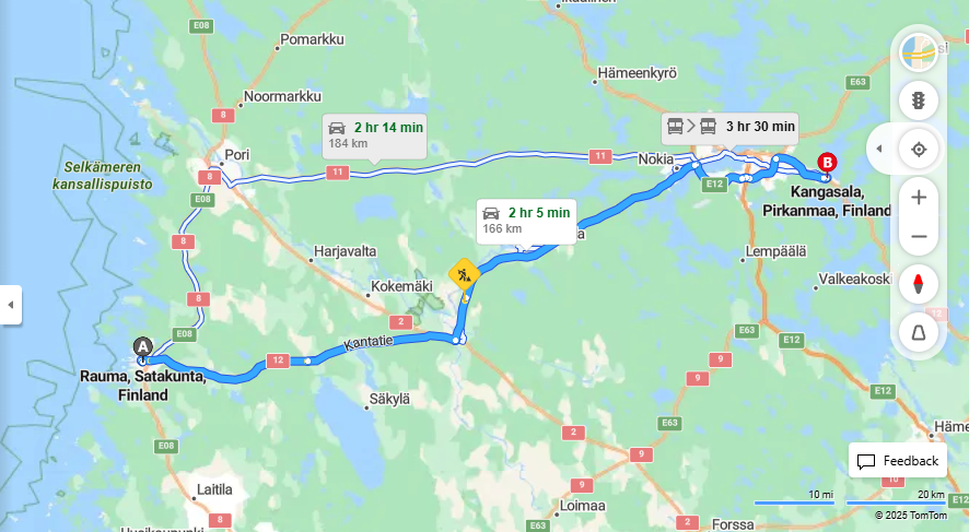 Rauma-Kangasala: Etaisyys, Ajaminen, Liikenne ja Matkustusvaihtoehdot