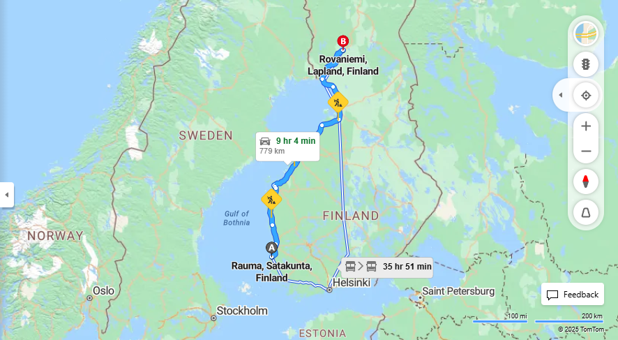 Rauma-Rovaniemivalinen matka: etaisyys, ajo, liikenne ja matkustusvaihtoehdot
