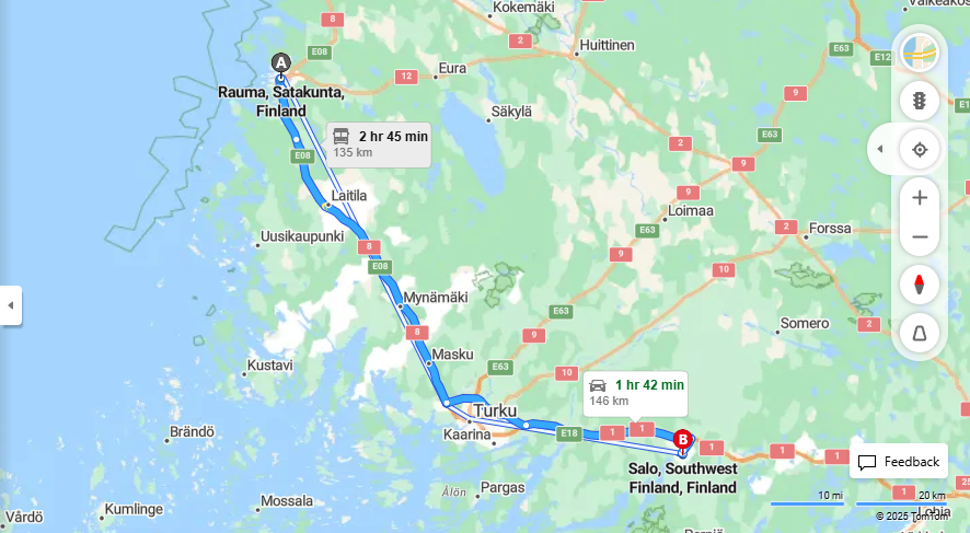 Rauma-Salon etaisyys, kulkuyhteydet ja matkustusvaihtoehdot