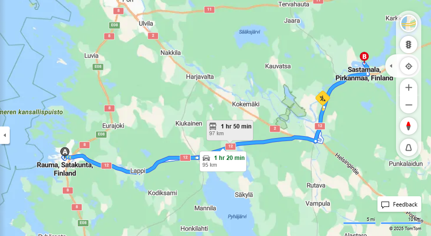 Rauma - Sastamala: Etaisyys, Ajo, Kuljetus ja Matkavaihtoehdot