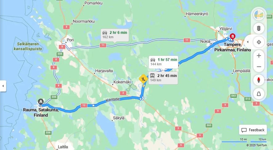 Rauma Tampere - Matka, Ajo, Kuljetus ja Matkustusmahdollisuudet