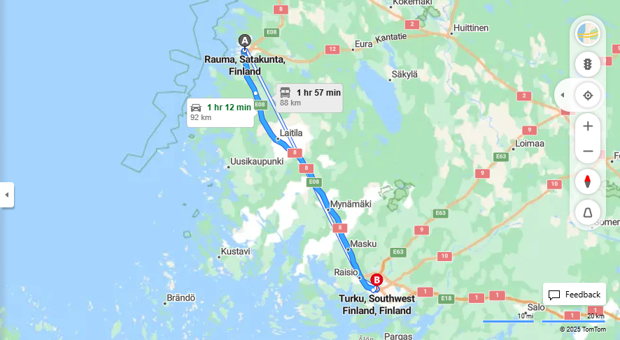 Rauma - Turku: Etaisyys, Ajo, Kuljetus ja Matkustusmahdollisuudet