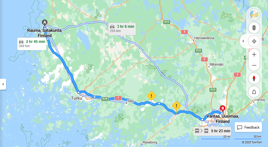 Rauma Vantaalle - Etaisyys, Ajo, Liikkumis- ja Matkustusmahdollisuudet