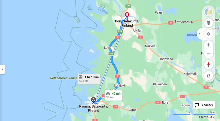 Rauman ja Porin valinen matka: Etaisyys, ajo, liikenne ja matkustusvaihtoehdot